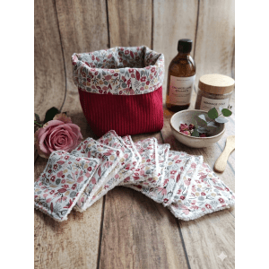 Panière et ses 10 lingettes lavables - Rouge Fleuri