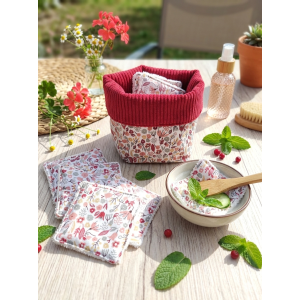 Panière et ses 10 lingettes lavables - Fleuri Rouge